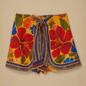 FARM Rio Yellow Floral Tie-Front Shorts with Red Hibiscus and Beaded Details NWT